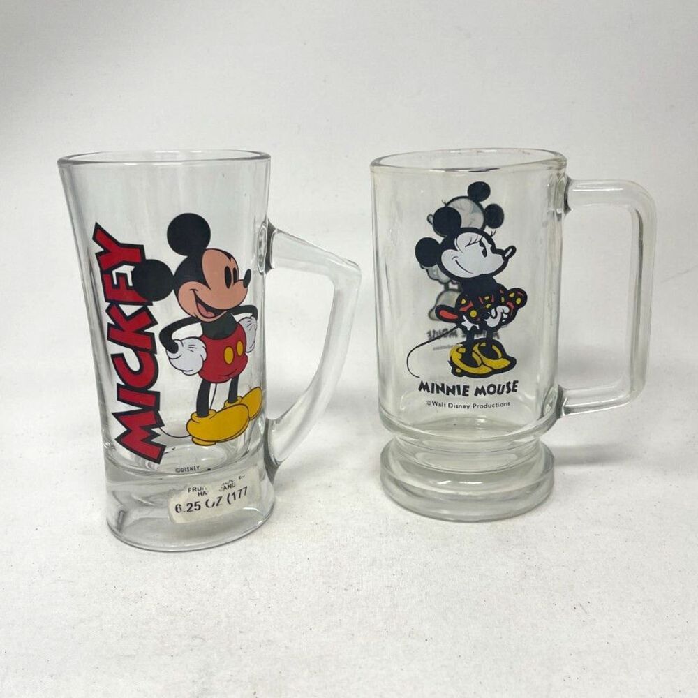 Vintage Anchor Hocking Lot 2 Disney Mickey Minnie Mouse Coffee Mugs Clear Glass